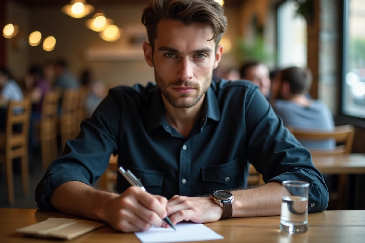 Homme rédigeant une carte de remerciement manuscrite pour une invitation dans un café urbain