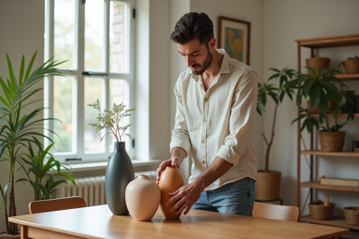 Homme arrangeant des vases aux couleurs variées dans la maison