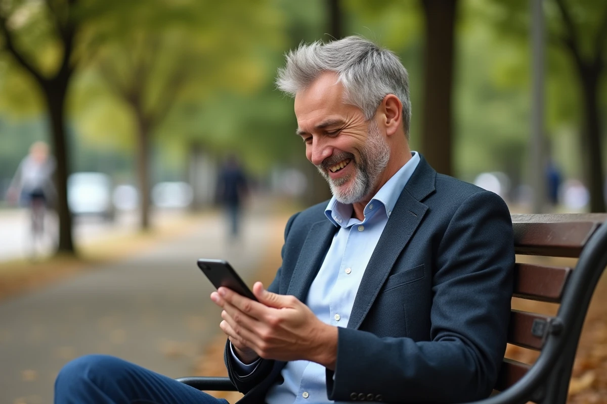 Homme enregistrant un message dans un parc en pleine nature