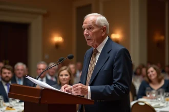 Homme senior en costume noir lors d'un discours en salle de banquet