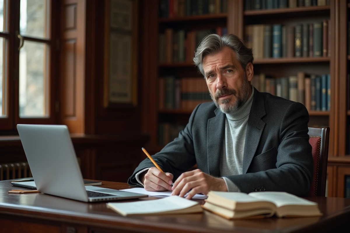 Homme intellectuel assis dans une bibliothèque privée remplie de livres, portrait éditorial évoquant un auteur ou commentateur public québécois