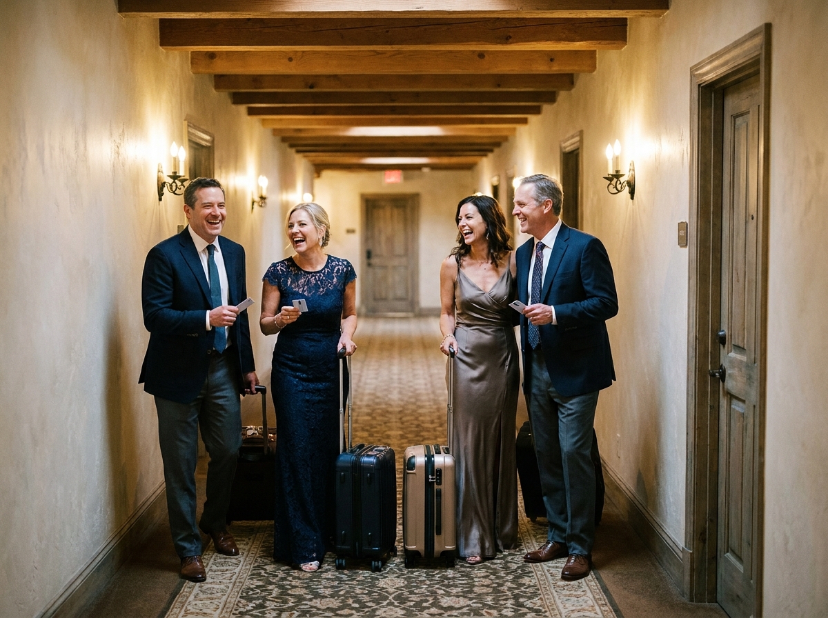 Invités de mariage souriants dans un couloir d'hébergement de domaine avec leurs valises après la réception