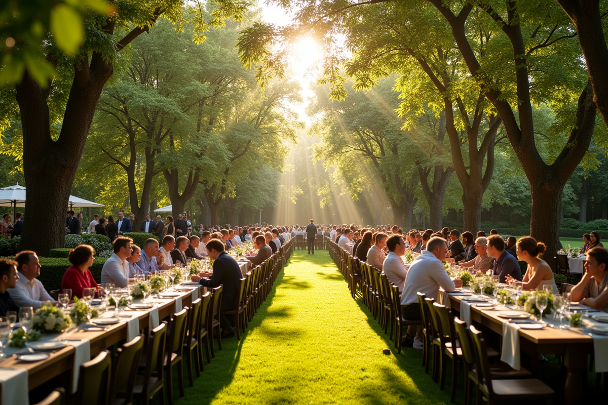 Tables longues dans un jardin pour un événement en plein air