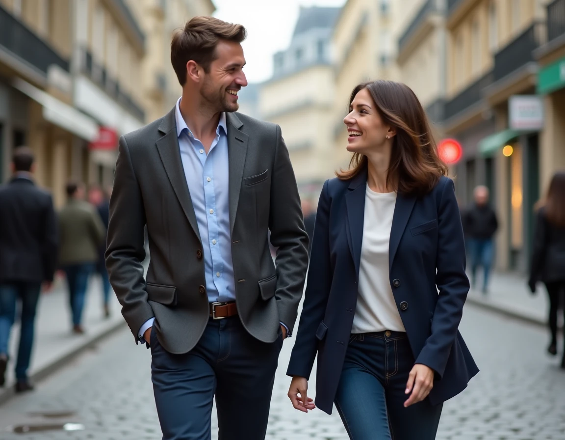 Couple se promenant dans les rues pavées de Paris, complices et souriants