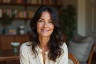 Portrait de Jenifer, chanteuse française, souriante dans un intérieur chaleureux et élégant