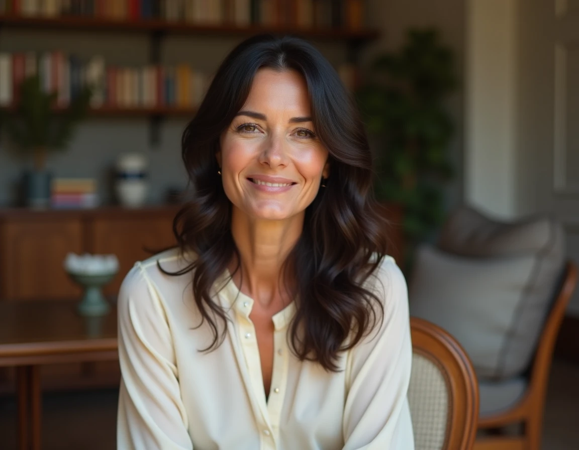 Portrait de Jenifer, chanteuse française, souriante dans un intérieur chaleureux et élégant