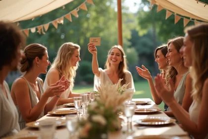 Groupe d'invités riant autour d'une table décorée lors d'un jeu de gage bohème pendant un mariage en plein air