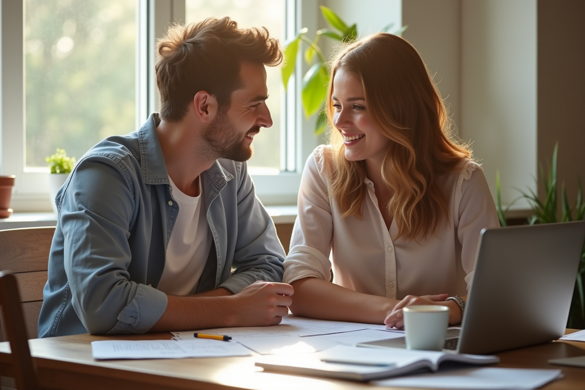 Jeune couple planifiant leur budget de mariage à la maison