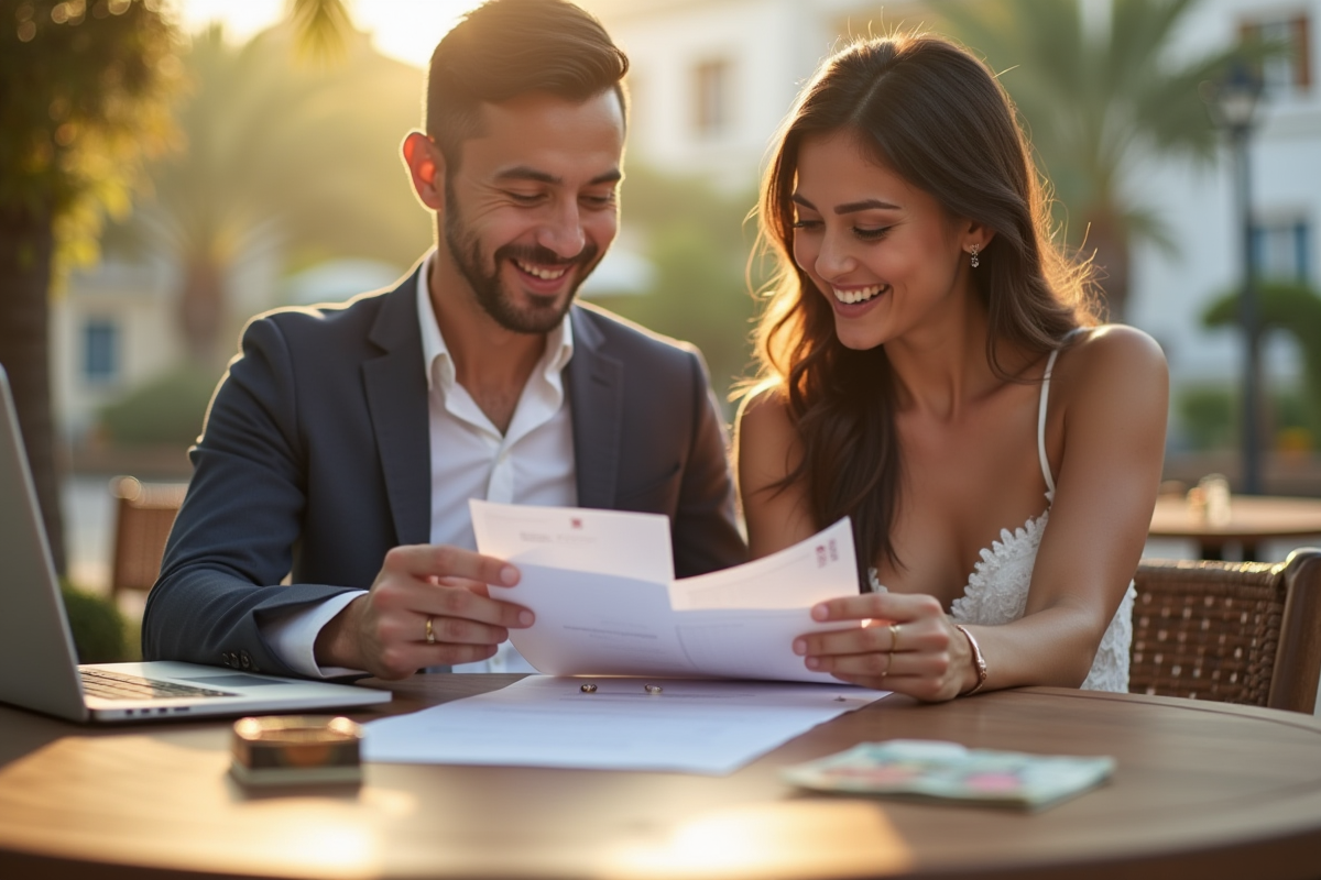 Jeune couple de mariés souriants au café avec documents de voyage