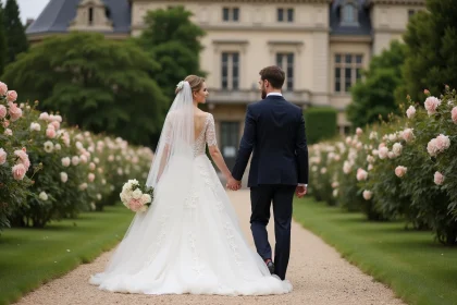 Jeune couple mari&eacute; dans un jardin de ch&acirc;teau fran&ccedil;ais