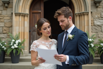 Jeune couple de mariés devant une église en pierre