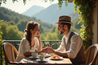 Jeune couple de mariés souriants lors d'un petit déjeuner romantique