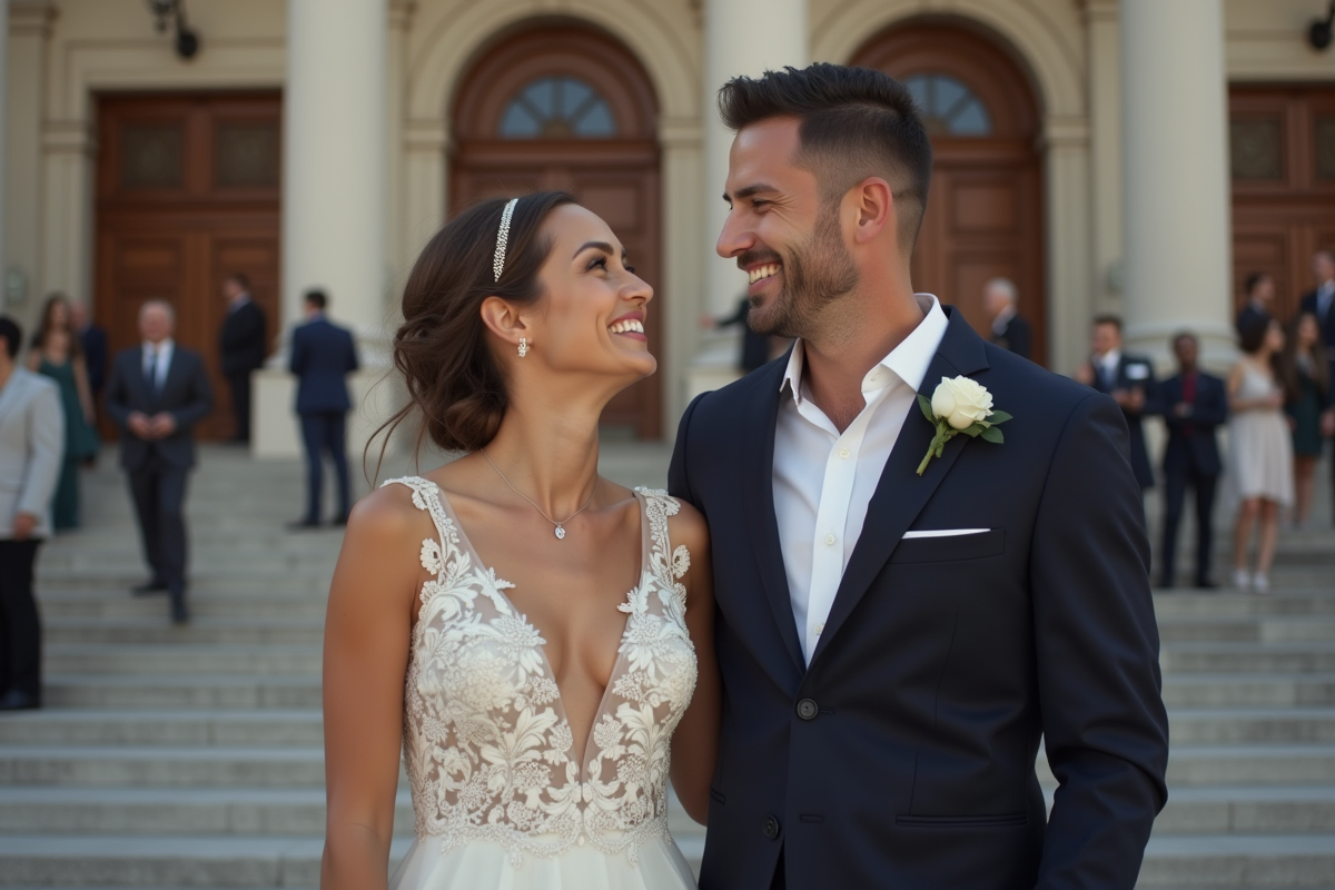 Jeune couple marié riant sur les marches de la mairie