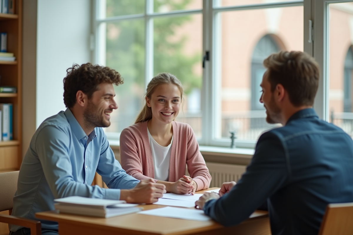 Jeune couple discutant avec un officier dans un bureau civil lumineux