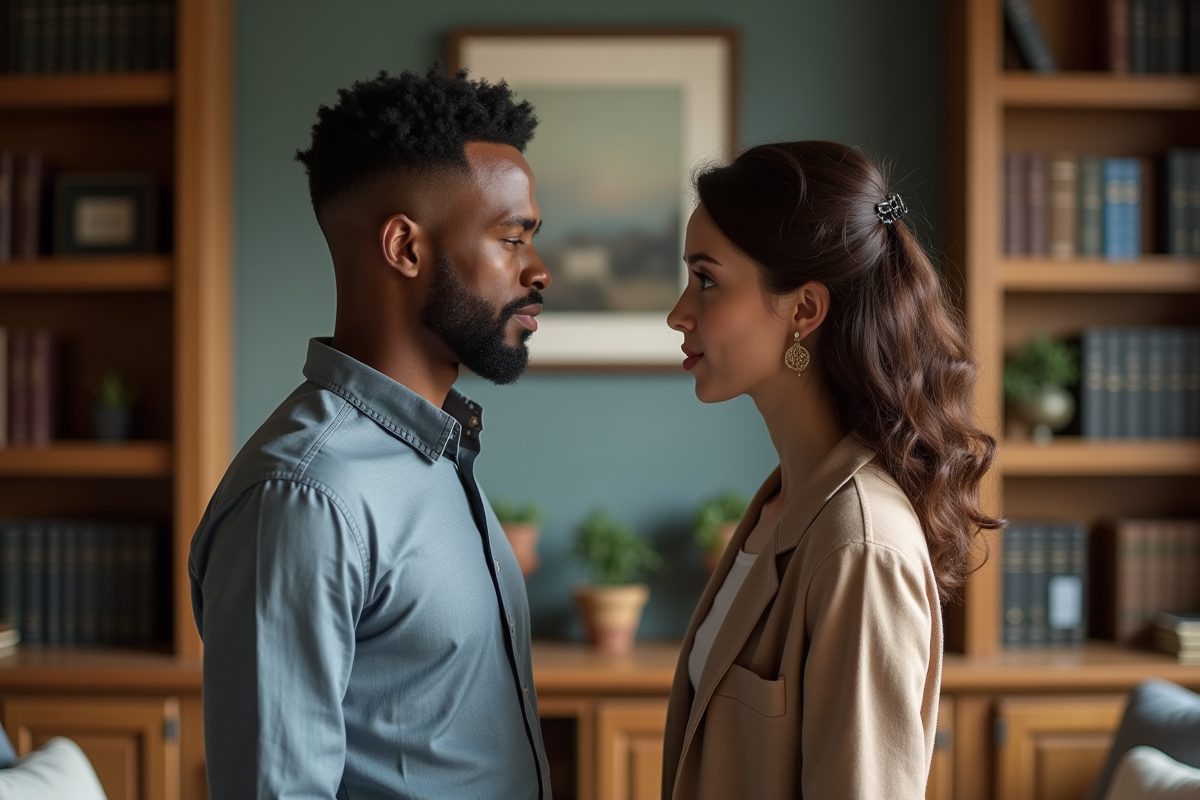 Jeune couple interracial dans un salon avec livres religieux