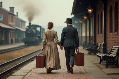 Jeune couple voyageant en 19eme siècle sur une plateforme