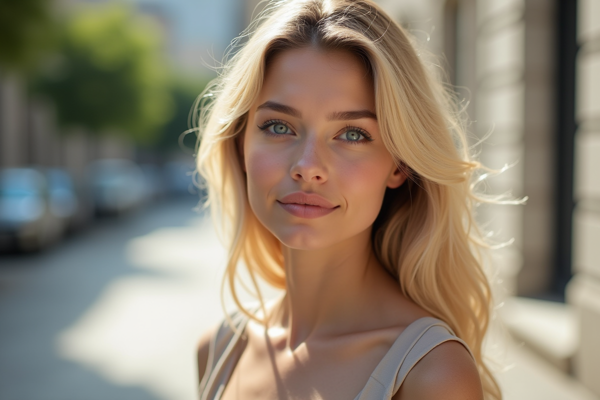 Jeune femme confiante aux yeux bleus et cheveux blonds