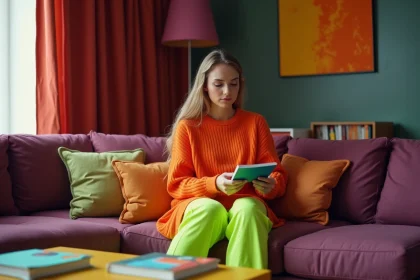 Jeune femme examine des échantillons de couleurs dans un salon coloré