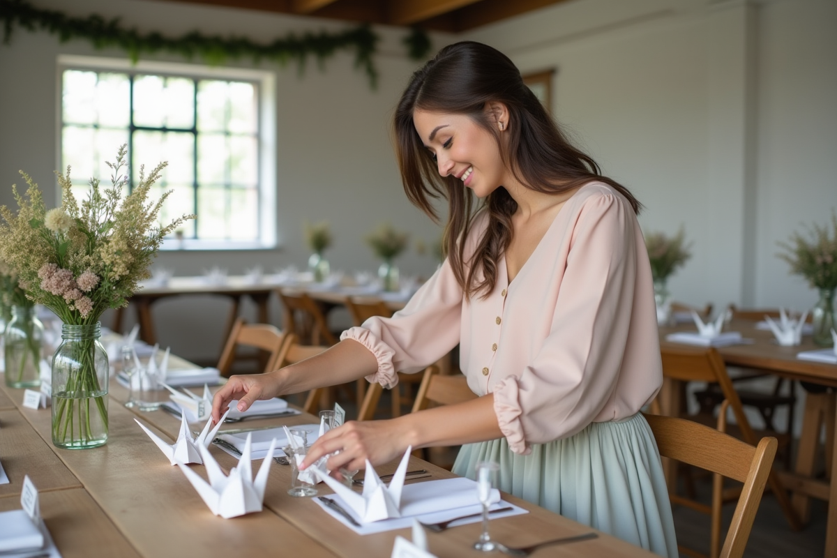 Jeune femme arrangeant des grues en origami pour un mariage