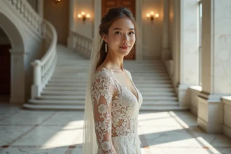 Jeune femme en robe de mariée en dentelle élégante dans une mairie