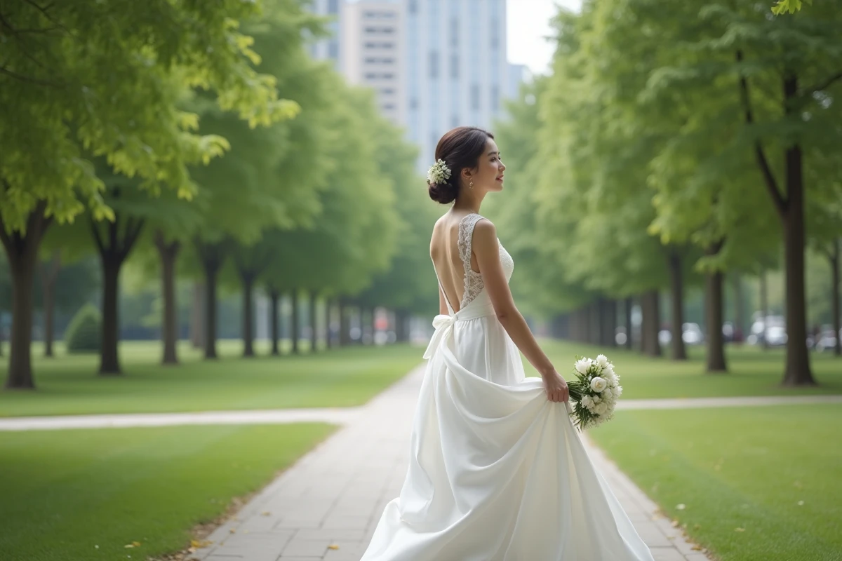 Jeune mari&eacute;e dans un parc urbain avec robe simple et bouquet