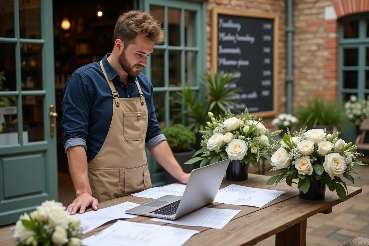 Jeune fleuriste dans un jardin avec bouquets et ordinateur