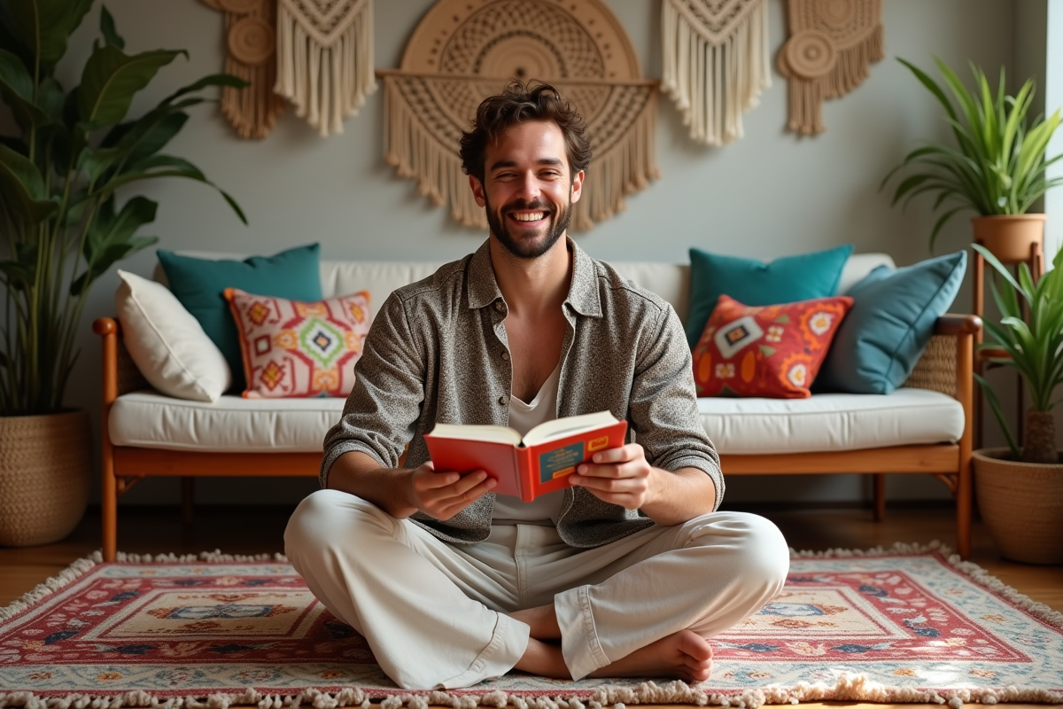 Jeune homme lisant un livre d art dans un salon bohème coloré