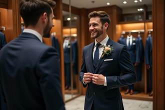 Jeune marié en costume navy dans une boutique élégante