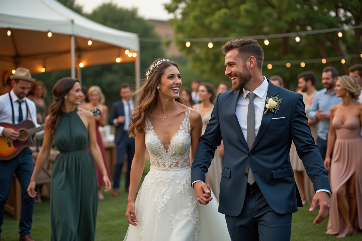 Jeune mariée et marié dansant avec des amis en extérieur