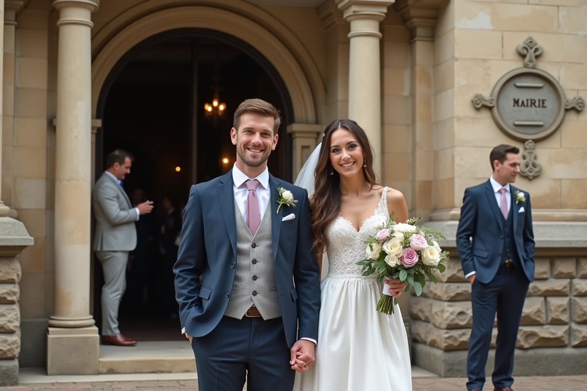 Jeune couple mari&eacute; devant la mairie en ext&eacute;rieur