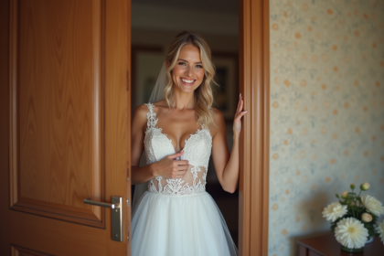 Jeune mariée en robe blanche qui regarde par une porte