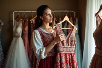 Jeune femme rome examine une robe de mari&eacute;e traditionnelle