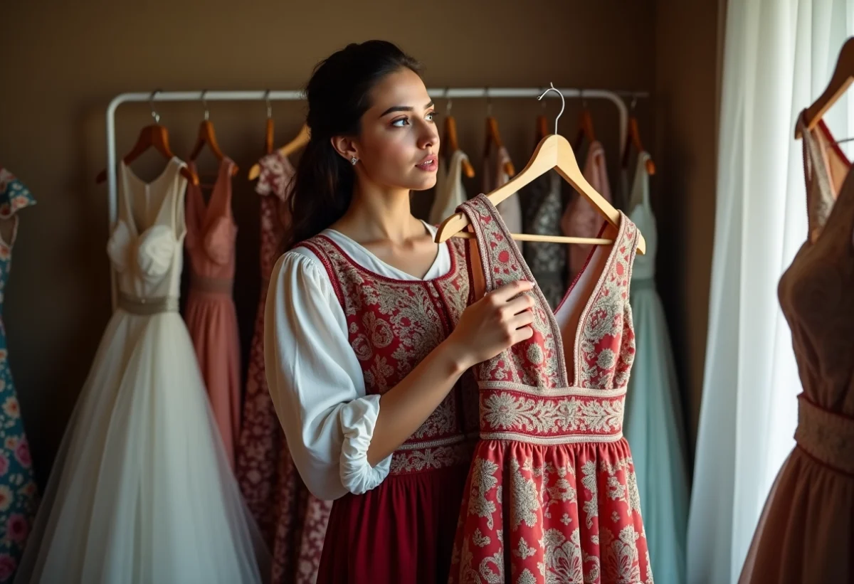 Jeune femme rome examine une robe de mariée traditionnelle