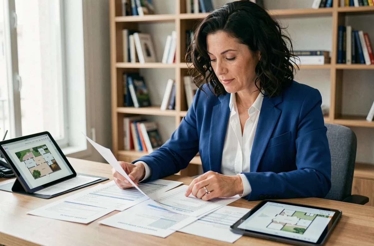 Une wedding planner en Loire-Atlantique analyse des contrats de prestataires et un plan de salle sur tablette depuis son bureau contemporain