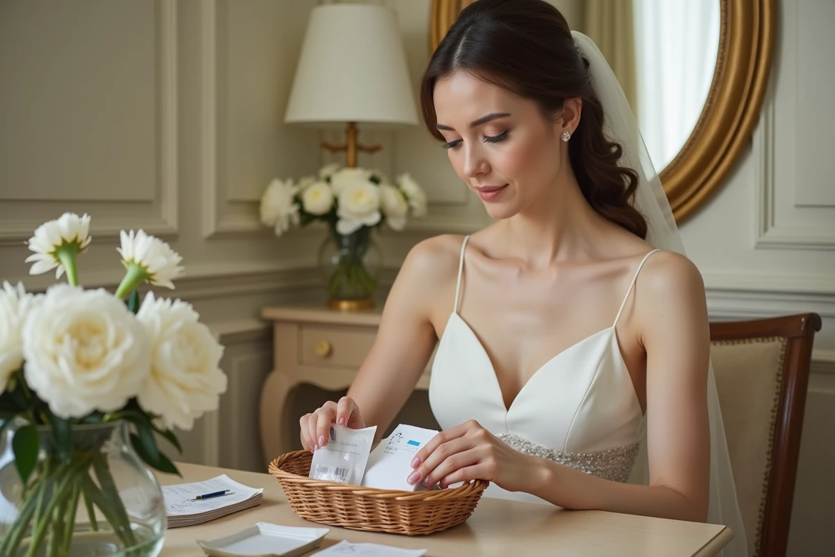 Mariée sereine en robe crêpe préparant un kit de survie mariage avec accessoires essentiels dans une suite nuptiale décorée de pivoines blanches
