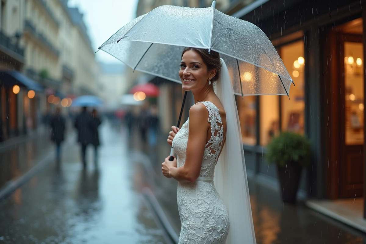 Mariée souriante sous un parapluie transparent en robe de dentelle lors d'un mariage sous la pluie dans une rue pavée parisienne avec reflets mouillés