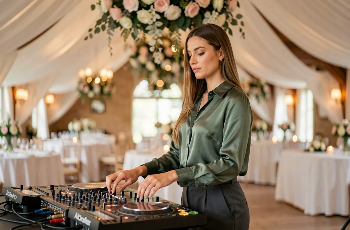 Lara Pouget, DJette, derrière sa console lors d'un mariage en Rhône-Alpes