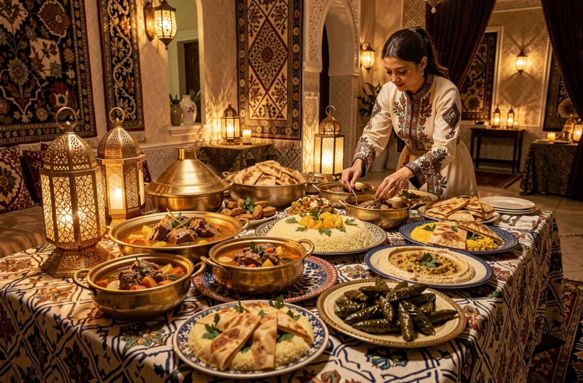 Festin de mariage oriental préparé par Laziza avec tagines, couscous et mezze dans une salle de réception décorée