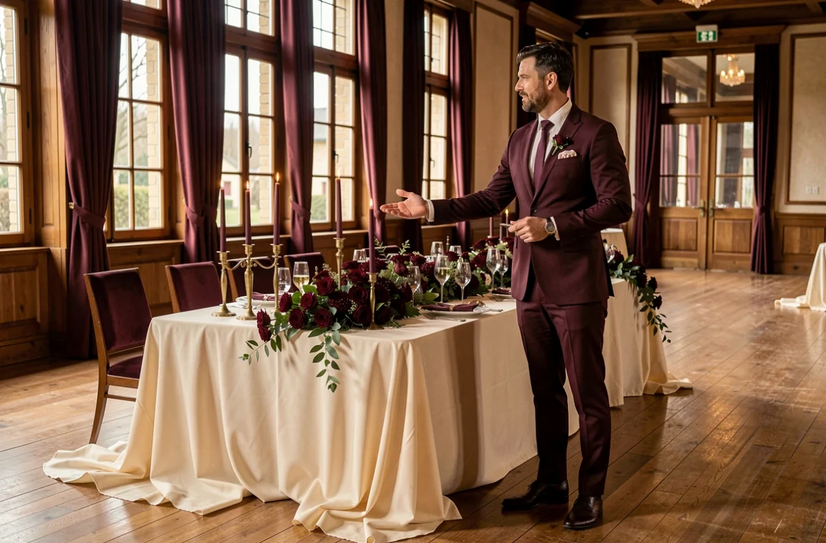 Un wedding planner de Vertou en costume bordeaux présente une table d'honneur décorée de roses rouges et de bougeoirs en laiton dans une salle de réception raffinée