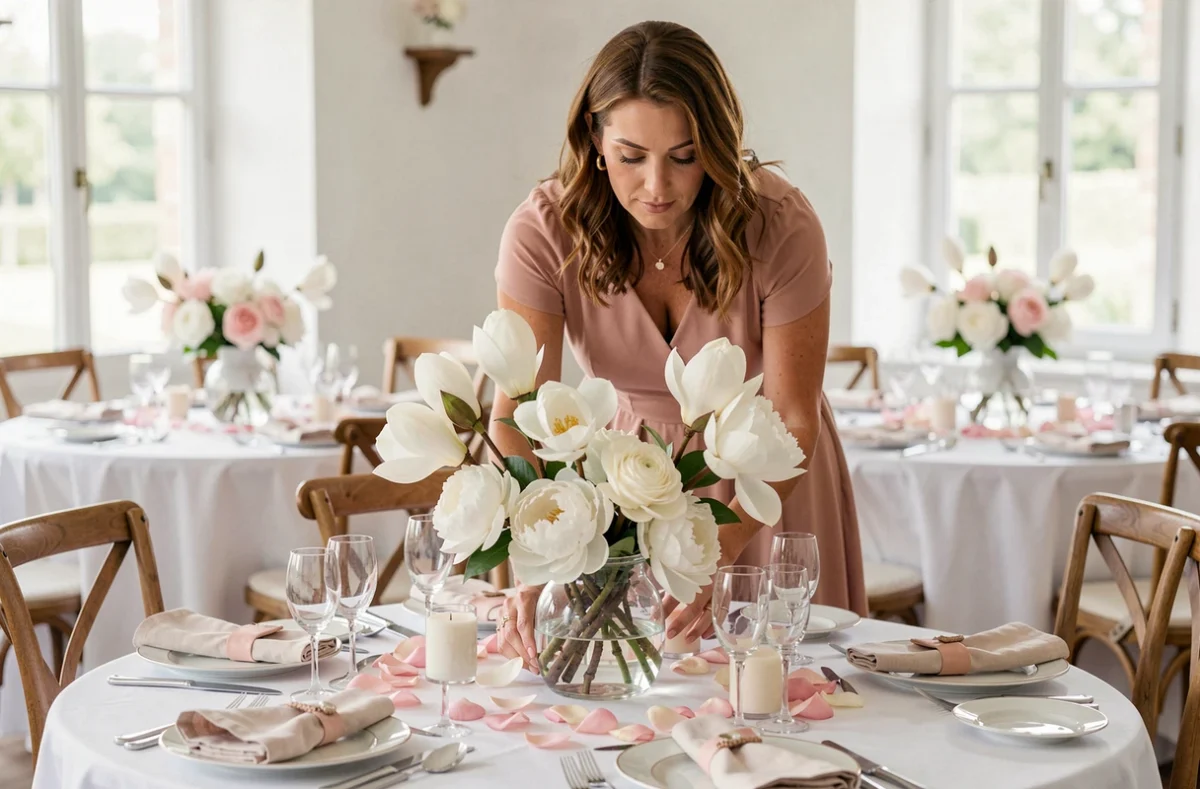 Une wedding planner de Vigneux-de-Bretagne arrange un centre de table en magnolias et pivoines blanches dans une salle de réception lumineuse