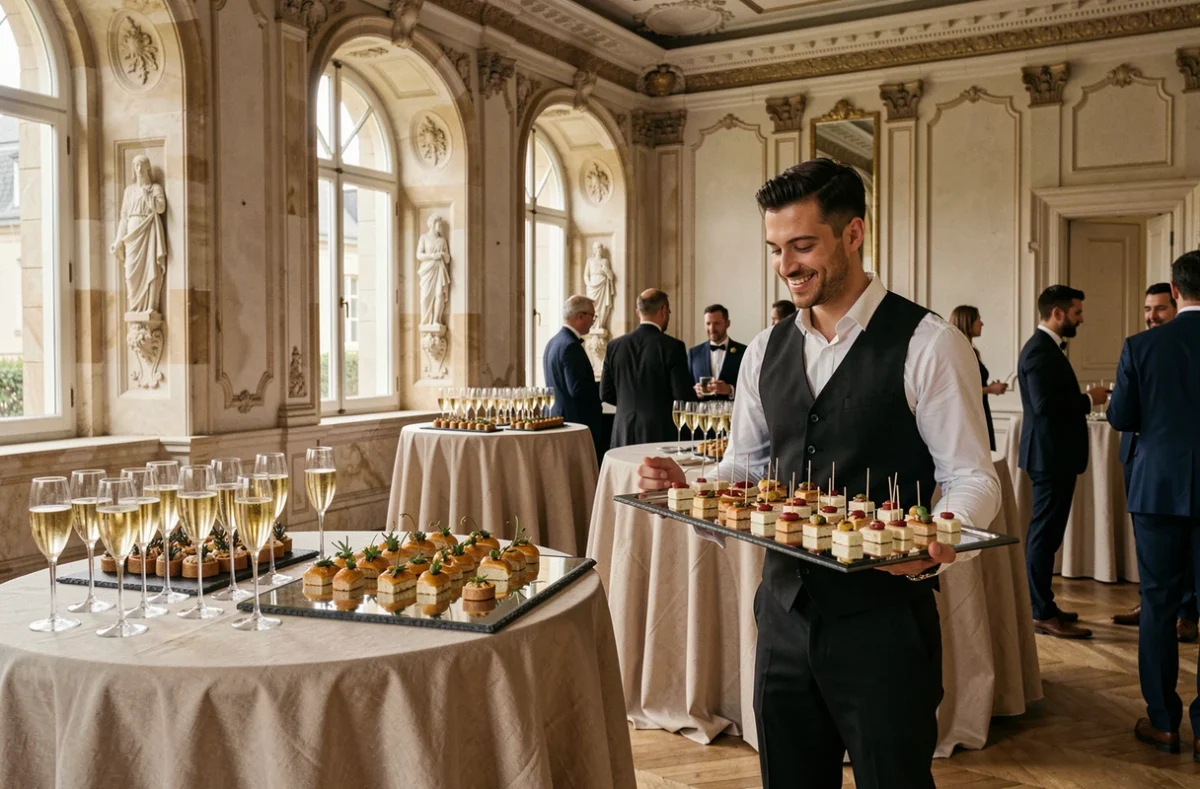 Réception cocktail de mariage élégante servie par L'Evidence Traiteur dans un manoir français rénové