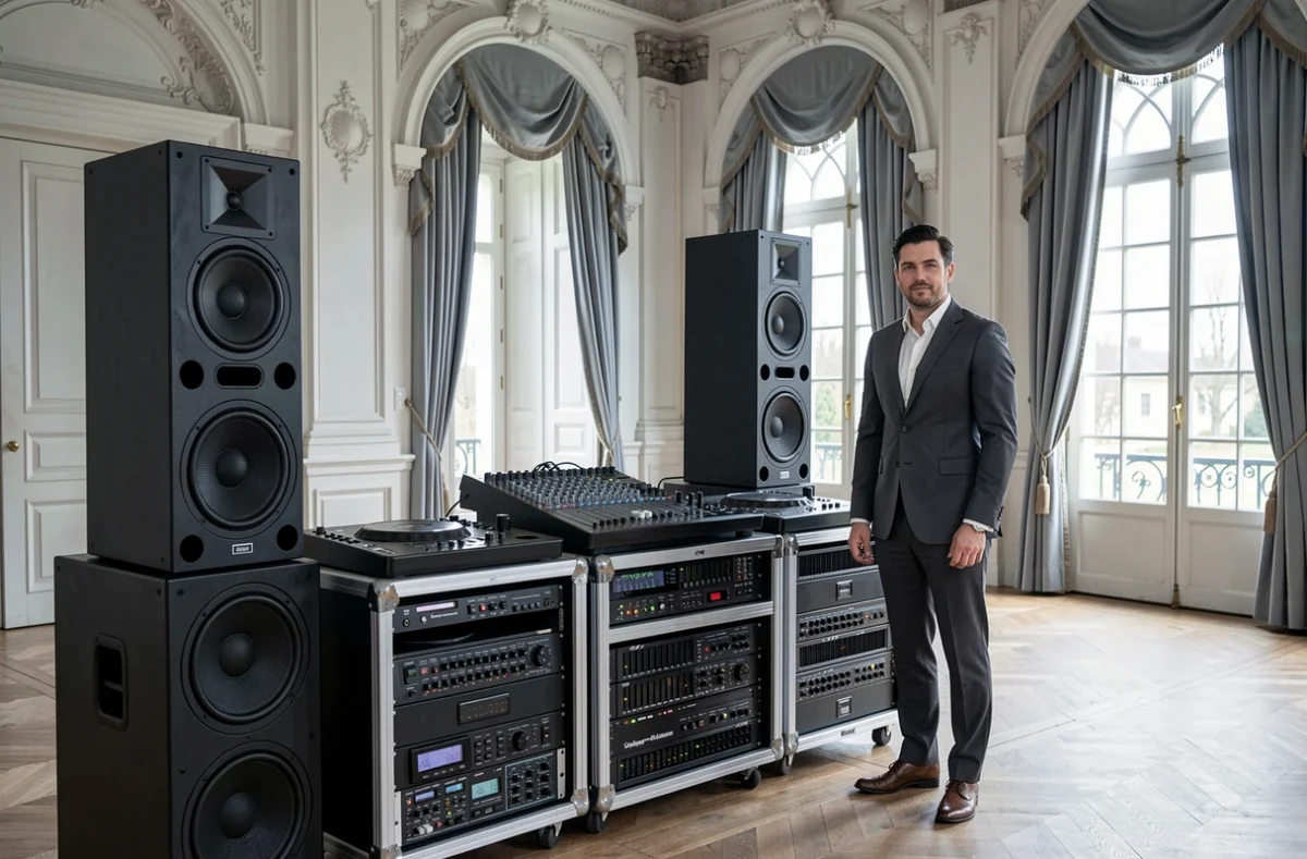 LH Sound Design présentant un système de sonorisation haut de gamme dans un château pour un mariage