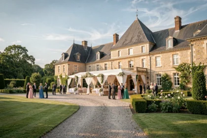 Vue d'ensemble d'un lieu de réception élégant dans le Nord de la France, avec pelouse verdoyante et architecture en pierre
