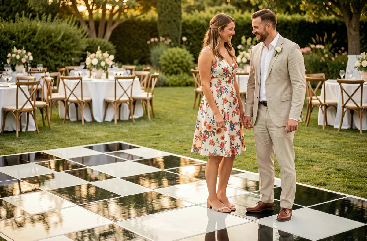 Piste de danse en damier noir et blanc louée pour un mariage en extérieur dans un jardin