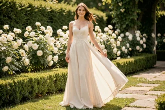 Femme portant une longue robe de soirée légère en mousseline ivoire dans un jardin fleuri lors d'un mariage estival