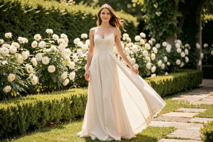 Femme portant une longue robe de soirée légère en mousseline ivoire dans un jardin fleuri lors d'un mariage estival