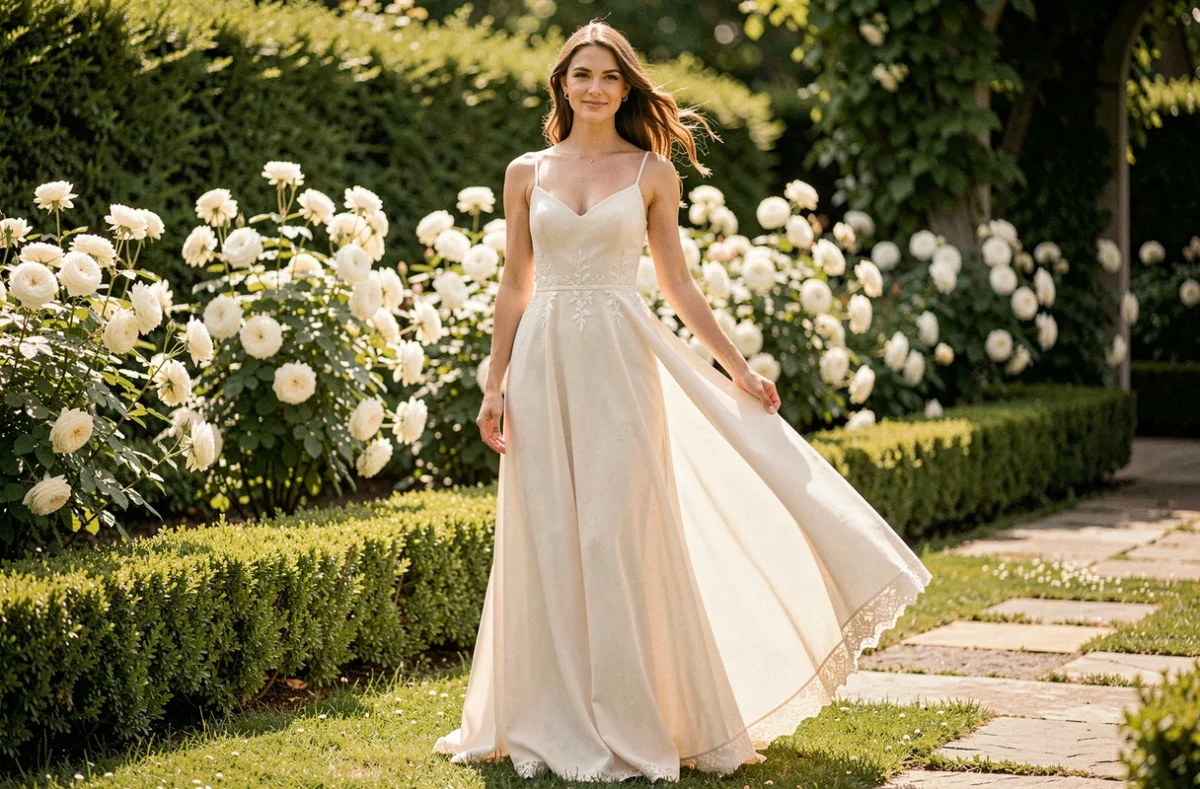 Femme portant une longue robe de soirée légère en mousseline ivoire dans un jardin fleuri lors d'un mariage estival