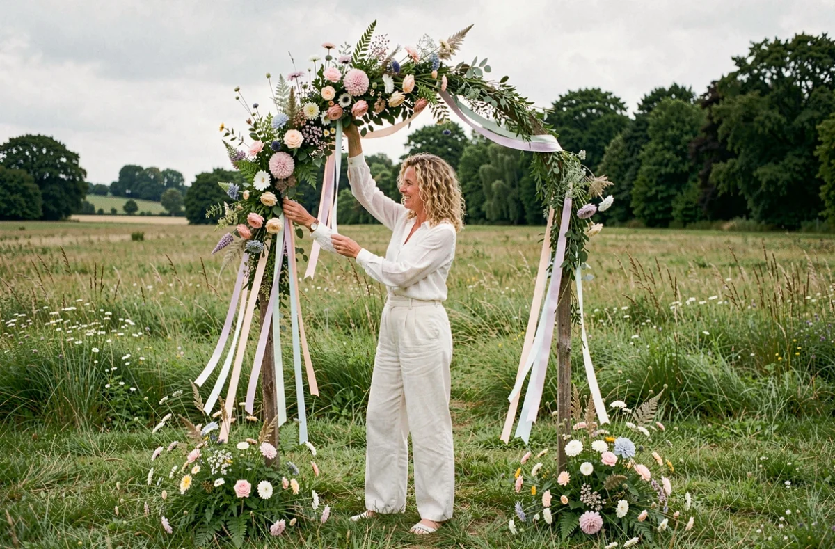 Une wedding planner près de Plessé arrange un arche de cérémonie fleurie de fleurs sauvages dans une prairie verdoyante