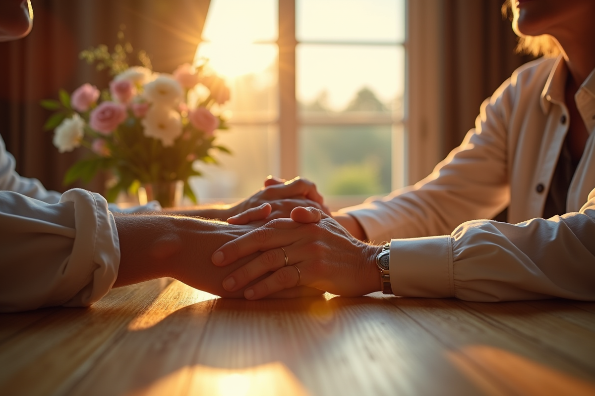Mains d un couple âgé sur une table en bois avec décorations