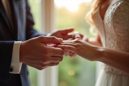 Mains lors d'une cérémonie de mariage avec alliance en or